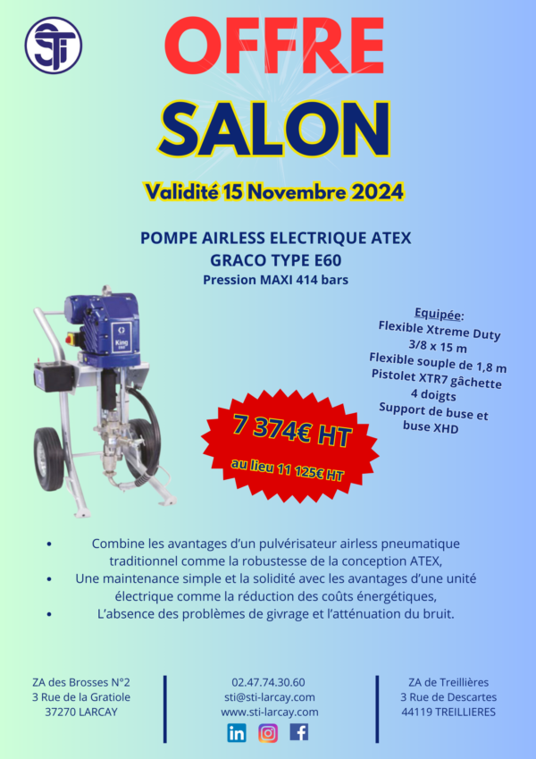 PROMOTION SUR ENSEMBLE AVEC UNE POMPE AIRLESS ELECTRIQUE ATEX GRACO TYPE E60 AVEC FLEXIBLE XTREME DUTY + FLEXIBLE SOUPLE + PISTOLET XTR7 + SUPPORT DE BUSE ET BUSE XHD