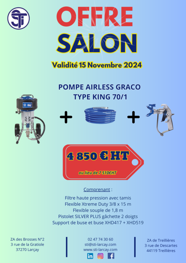 PROMOTION SUR POMPE AIRLESS GRACO TYPE KING 70/1AVEC FLEXIBLE + PISTOLET SILVER PLUS + SUPPORT DE BUSE